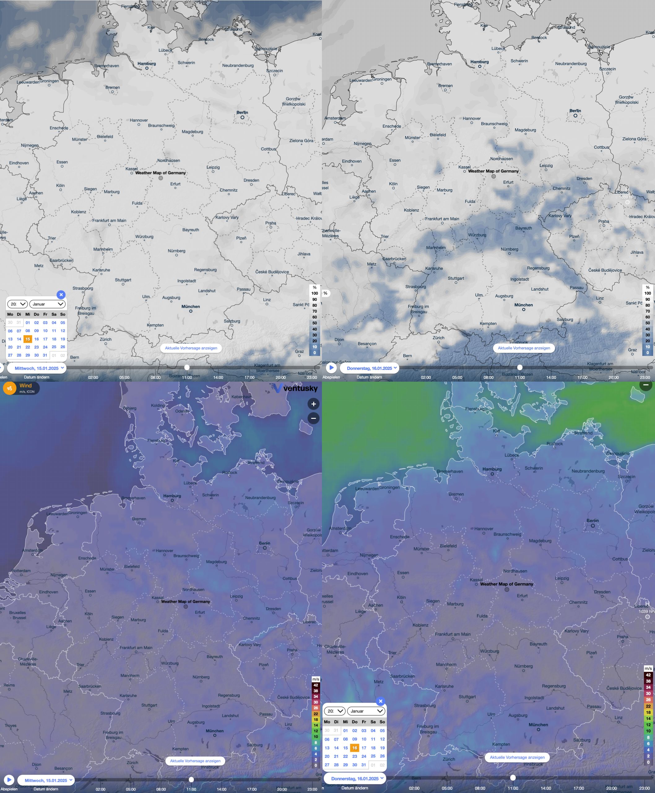 4 pictures: top 2: cloudiness, bottom 2: wind; left 2: 15th of January, right 2: 16th of January